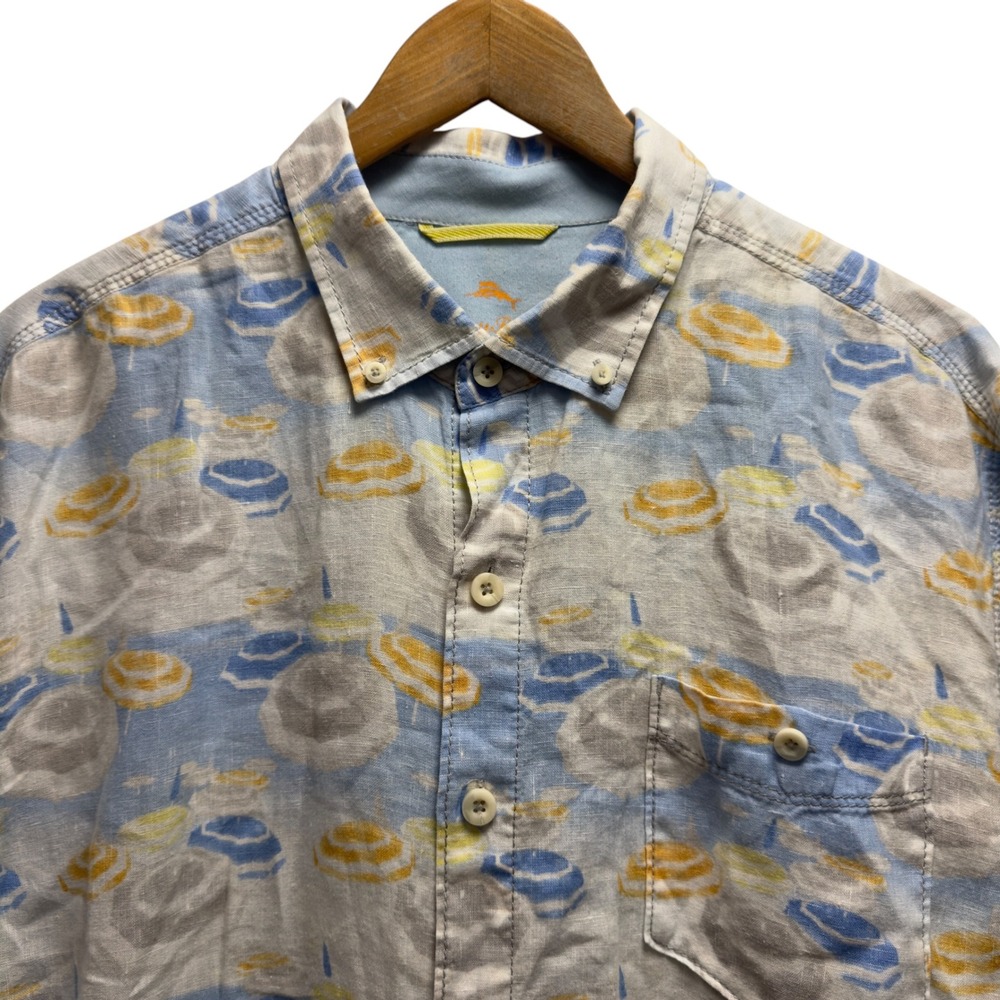 Tommy Bahama Mens Size XL Blue Umbrella Linen Short Sleeve Button Down Shirt euc